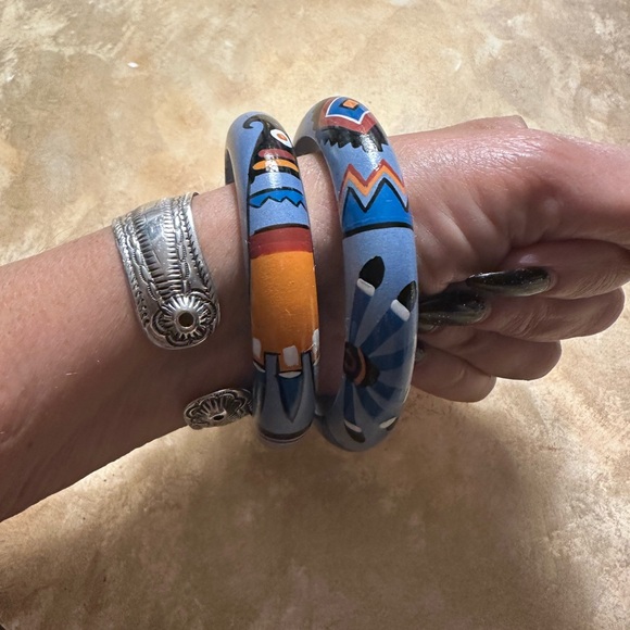 Two wooden handpainteded Southwest style pattern bracelets 8” - Picture 6 of 6